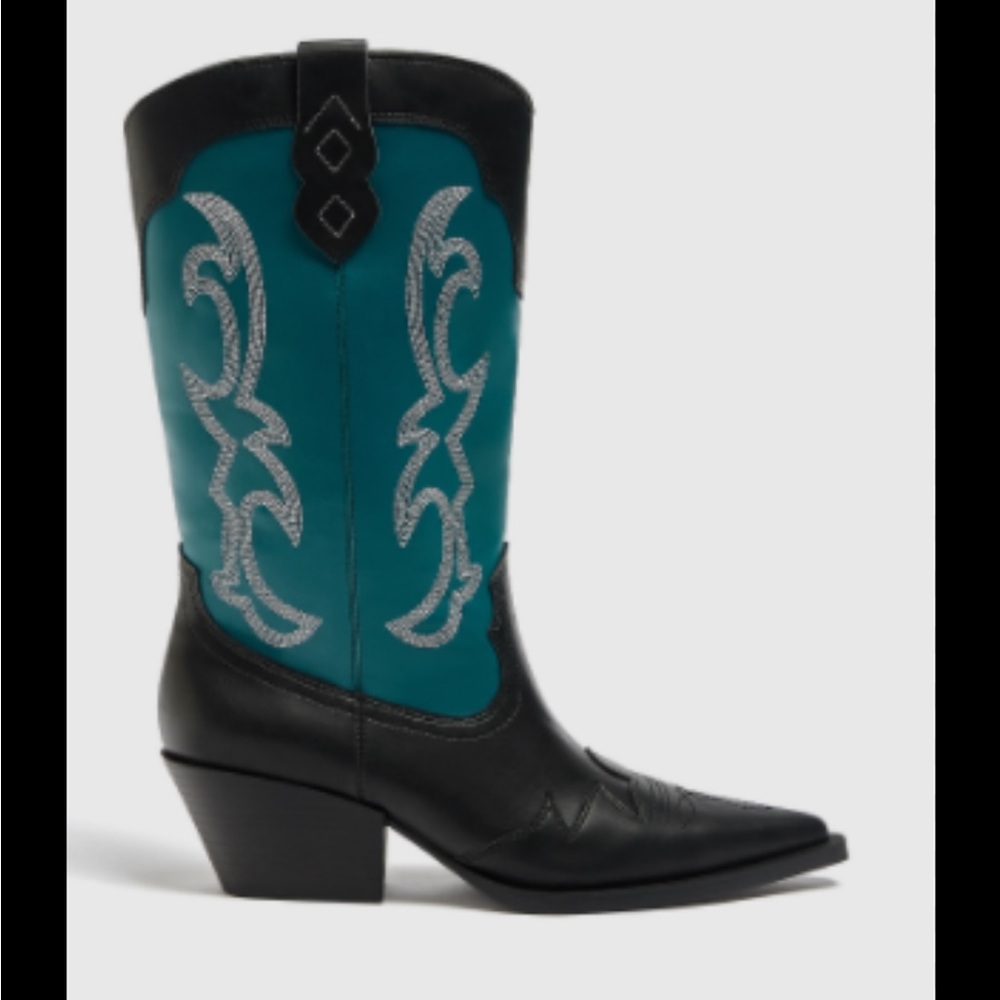 Pull And Bear Black and Blue Western Boots with White Accents